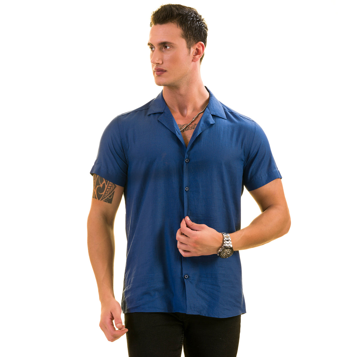 Blue Solid European Made & Designed Hawaiian Summer Shirts For Men