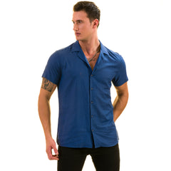 Blue Solid European Made & Designed Hawaiian Summer Shirts For Men