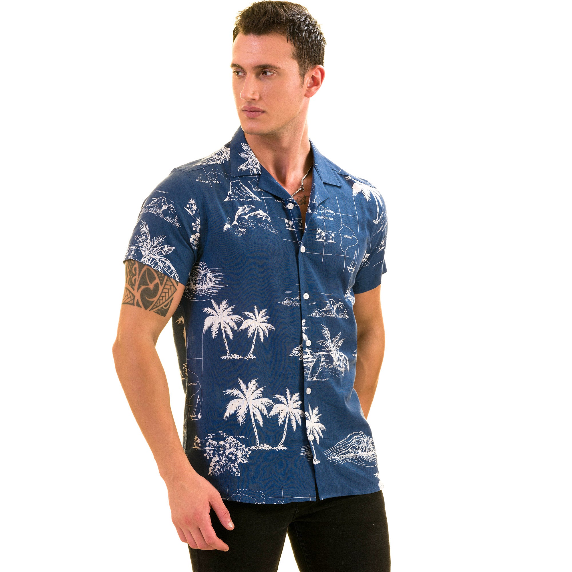 Blue Printed on White European Made & Designed Hawaiian Summer Shirts For Men