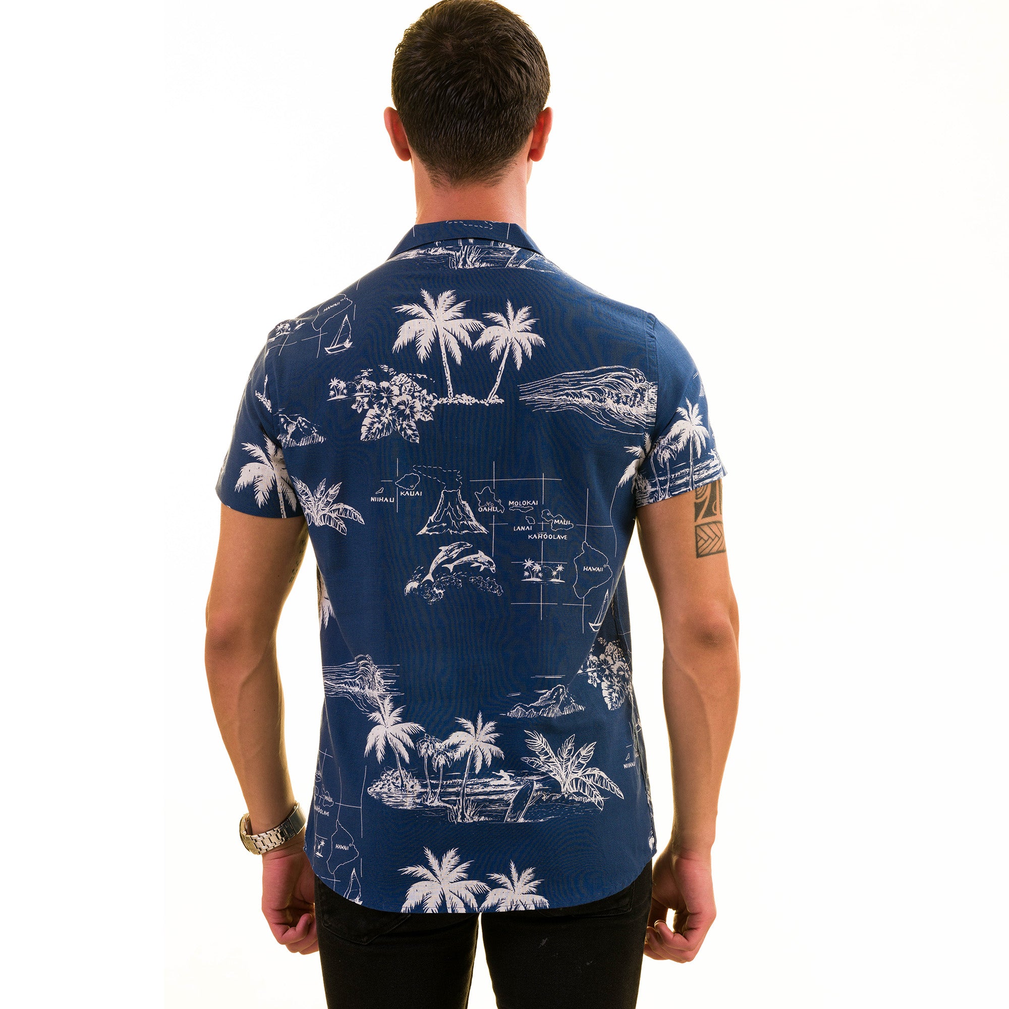 Blue Printed on White European Made & Designed Hawaiian Summer Shirts For Men