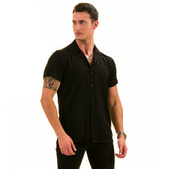 Black Solid European Made & Designed Hawaiian Summer Shirts For Men