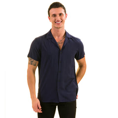 Navy Solid European Made & Designed Hawaiian Summer Shirts For Men