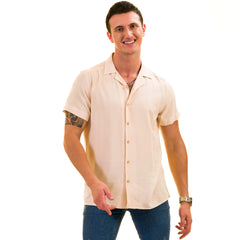 Beige Solid European Made & Designed Hawaiian Summer Shirts For Men