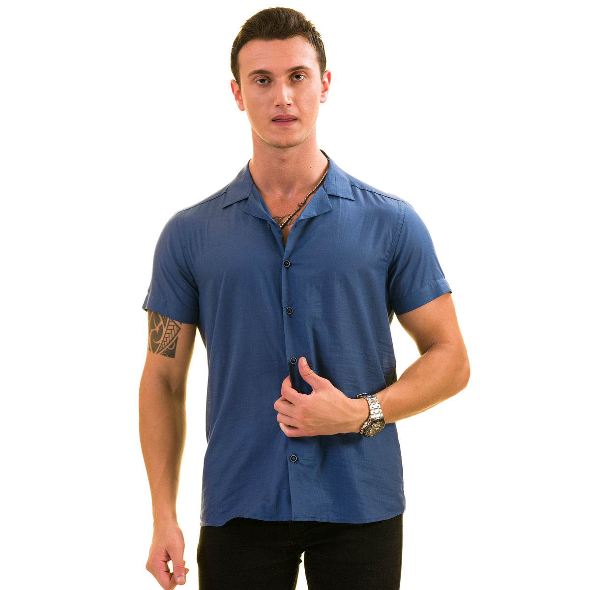 Metalic Blue European Made & Designed Hawaiian Summer Shirts For Men