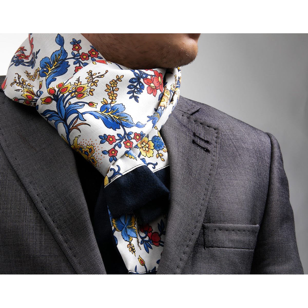 White Multi Color Floral Mens Silk Scarf Designer neck scarf for