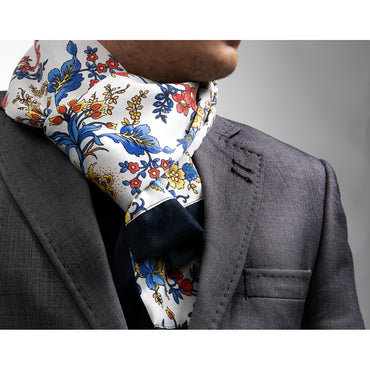 Unisex White Multi Color Floral Silk Soft Elegant Long Fashion Scarf - Amedeo Exclusive