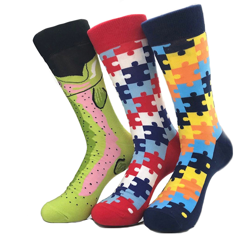 Men's Puzzle Leaf Printed Colorful Sock Assorted Bundle 3pk - Amedeo Exclusive