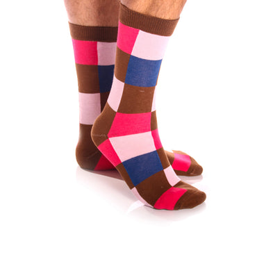 Men's Colorful Pink Brown & Blue Squares Socks - Amedeo Exclusive