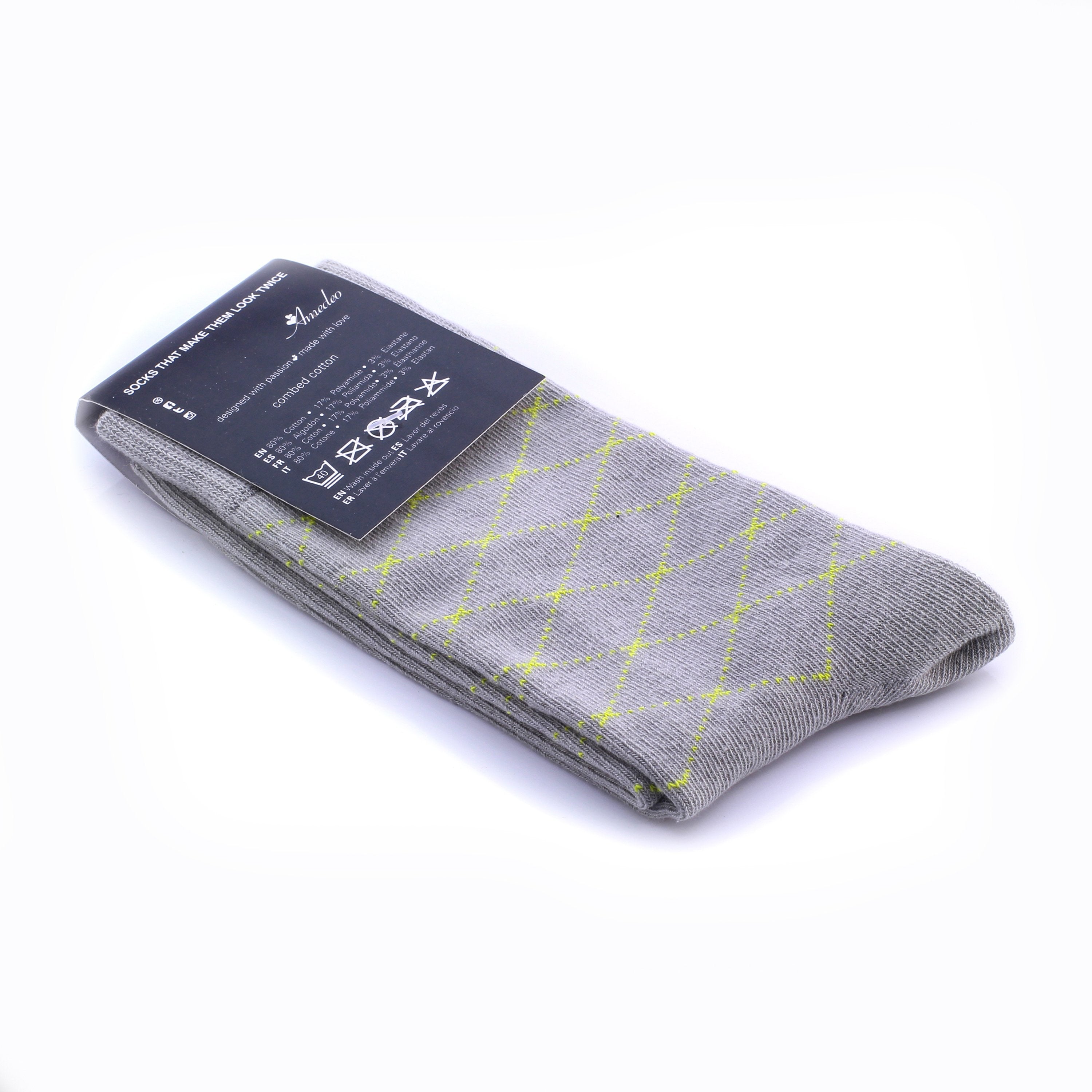 Amedeo Grey Light Yellow Lines Soft Socks For Men - Amedeo Exclusive