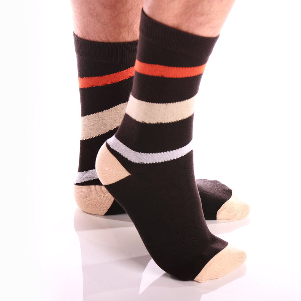 Soft Beige Lines Mens Colorful Crew Socks - Premium Cotton Fun socks with Soft Elastic - 3 Pack - Amedeo Exclusive