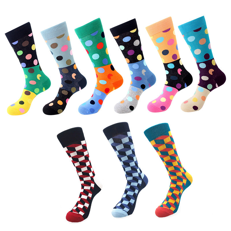Men's Multicolor Big Dots & Rectangle Pattern 9pk Assorted Bundle Colorful Socks - Amedeo Exclusive