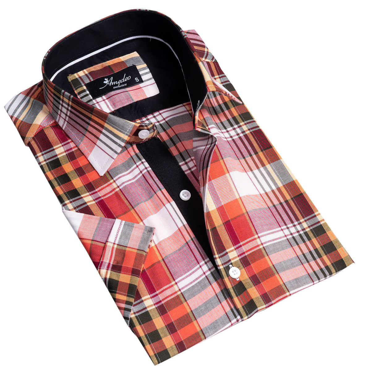 Red Plaid Nova Check Mens Short Sleeve Button up Shirts - Tailored Slim Fit Cotton Dress Shirts