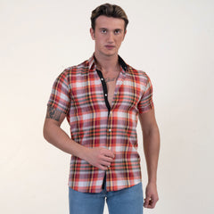 Red Plaid Nova Check Mens Short Sleeve Button up Shirts - Tailored Slim Fit Cotton Dress Shirts