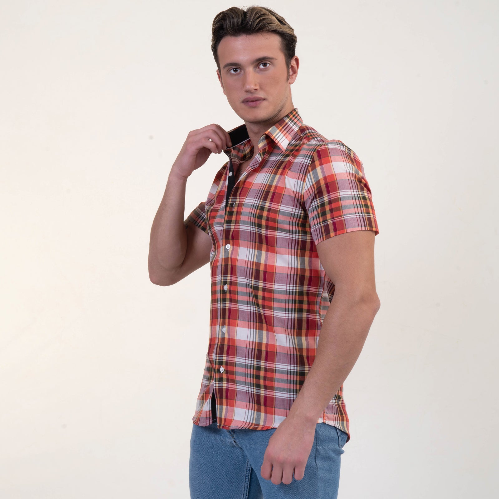 Red Plaid Nova Check Mens Short Sleeve Button up Shirts - Tailored Slim Fit Cotton Dress Shirts