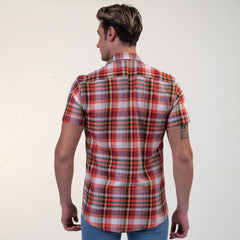 Red Plaid Nova Check Mens Short Sleeve Button up Shirts - Tailored Slim Fit Cotton Dress Shirts