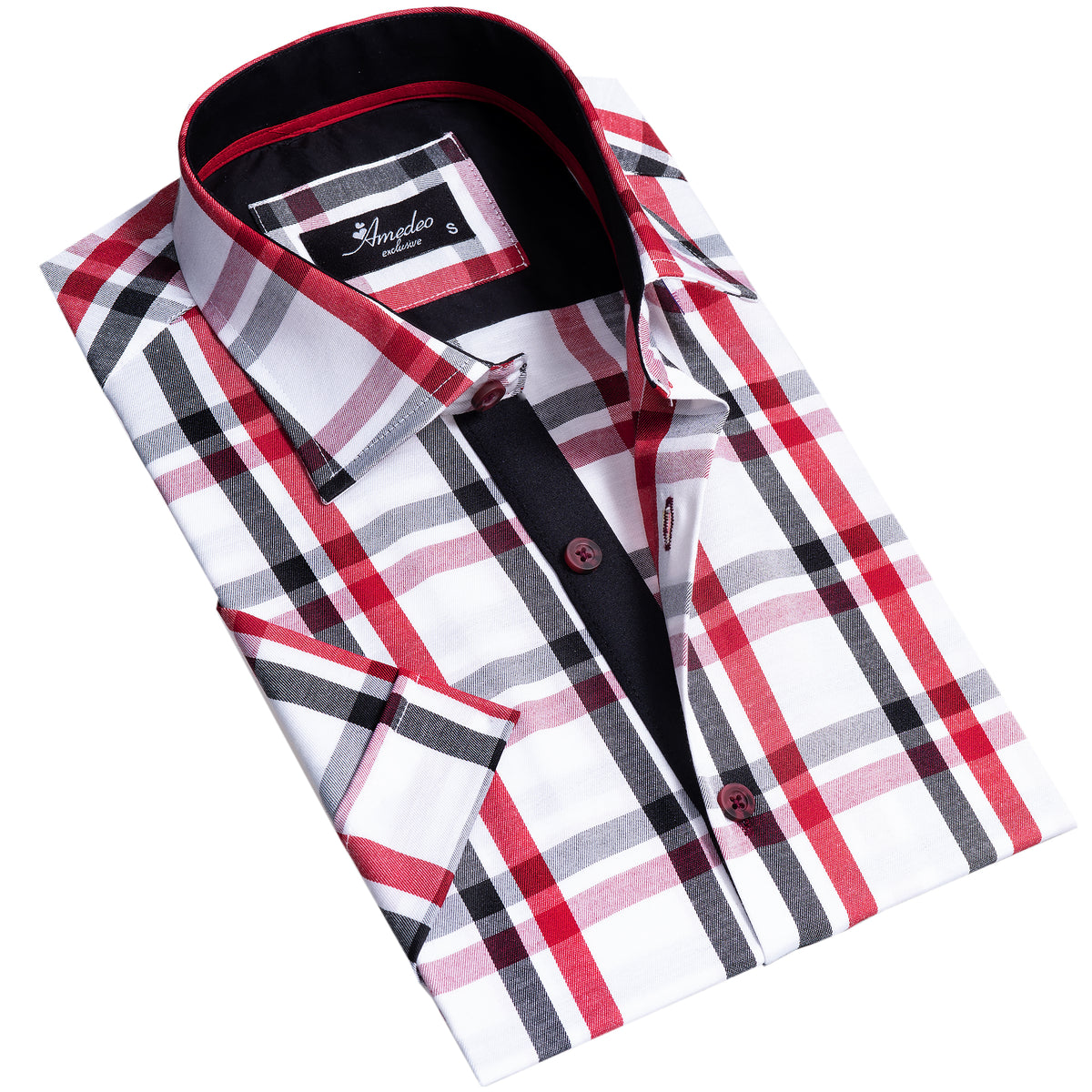 Red Black White Checkered Mens Short Sleeve Button up Shirts - Tailored Slim Fit Cotton Dress Shirts
