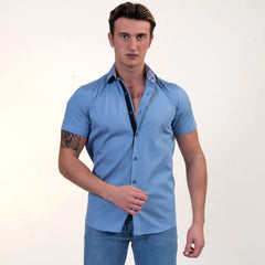 Solid Blue With White Mens Short Sleeve Button up Shirts - Tailored Slim Fit Cotton Dress Shirts