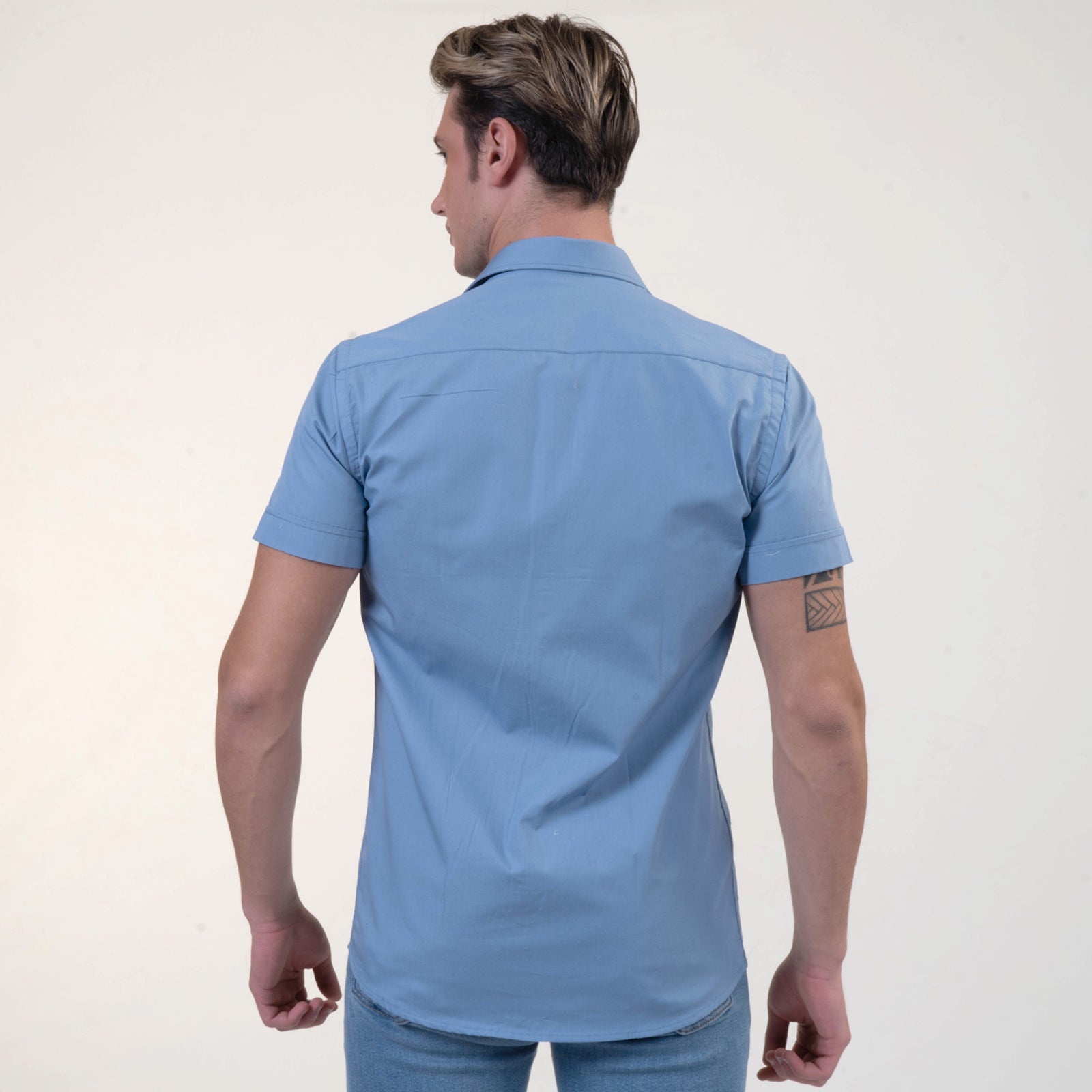 Solid Blue With White Mens Short Sleeve Button up Shirts - Tailored Slim Fit Cotton Dress Shirts