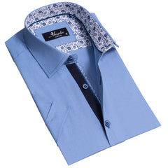 Solid Blue With White Mens Short Sleeve Button up Shirts - Tailored Slim Fit Cotton Dress Shirts