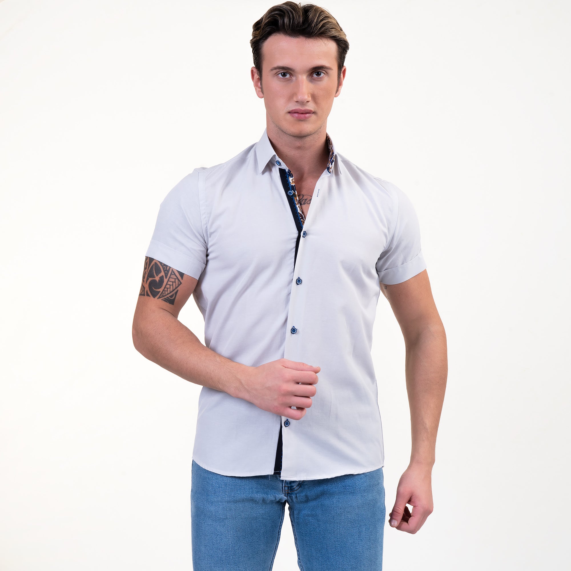 Light Grey/Whitish Mens Short Sleeve Button up Shirts - Tailored Slim Fit Cotton Dress Shirts