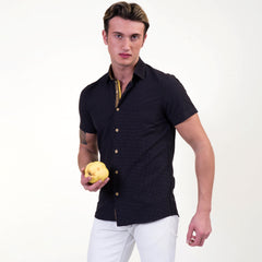Black and Gold Mens Short Sleeve Button up Shirts - Tailored Slim Fit Cotton Dress Shirts