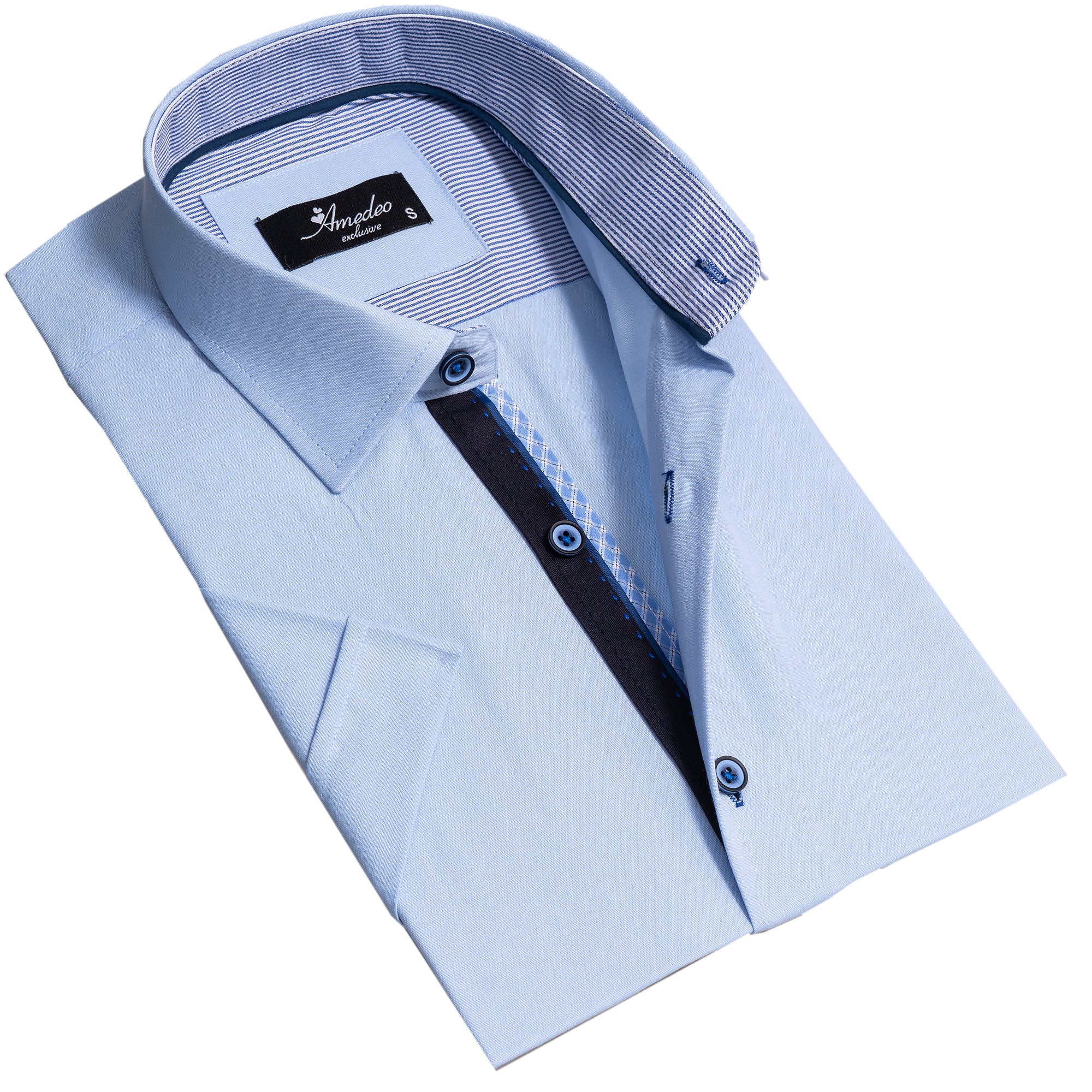 Soft Light Blue Mens Short Sleeve Button up Shirts - Tailored Slim Fit Cotton Dress Shirts