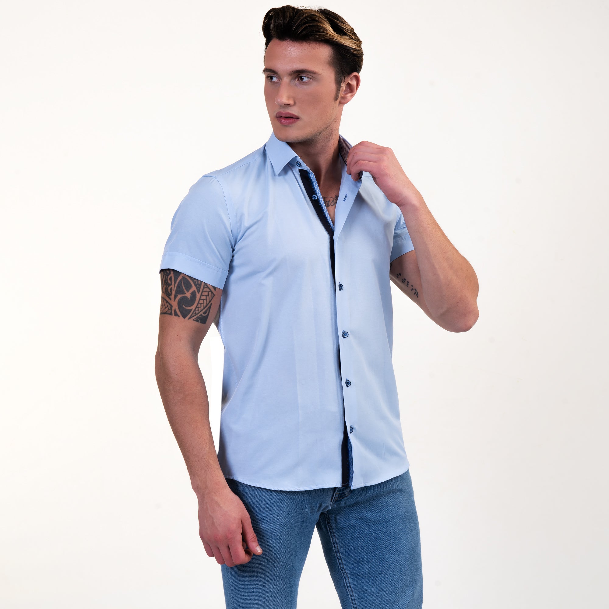 Soft Light Blue Mens Short Sleeve Button up Shirts Tailored Slim Fit Cotton Dress Shirts