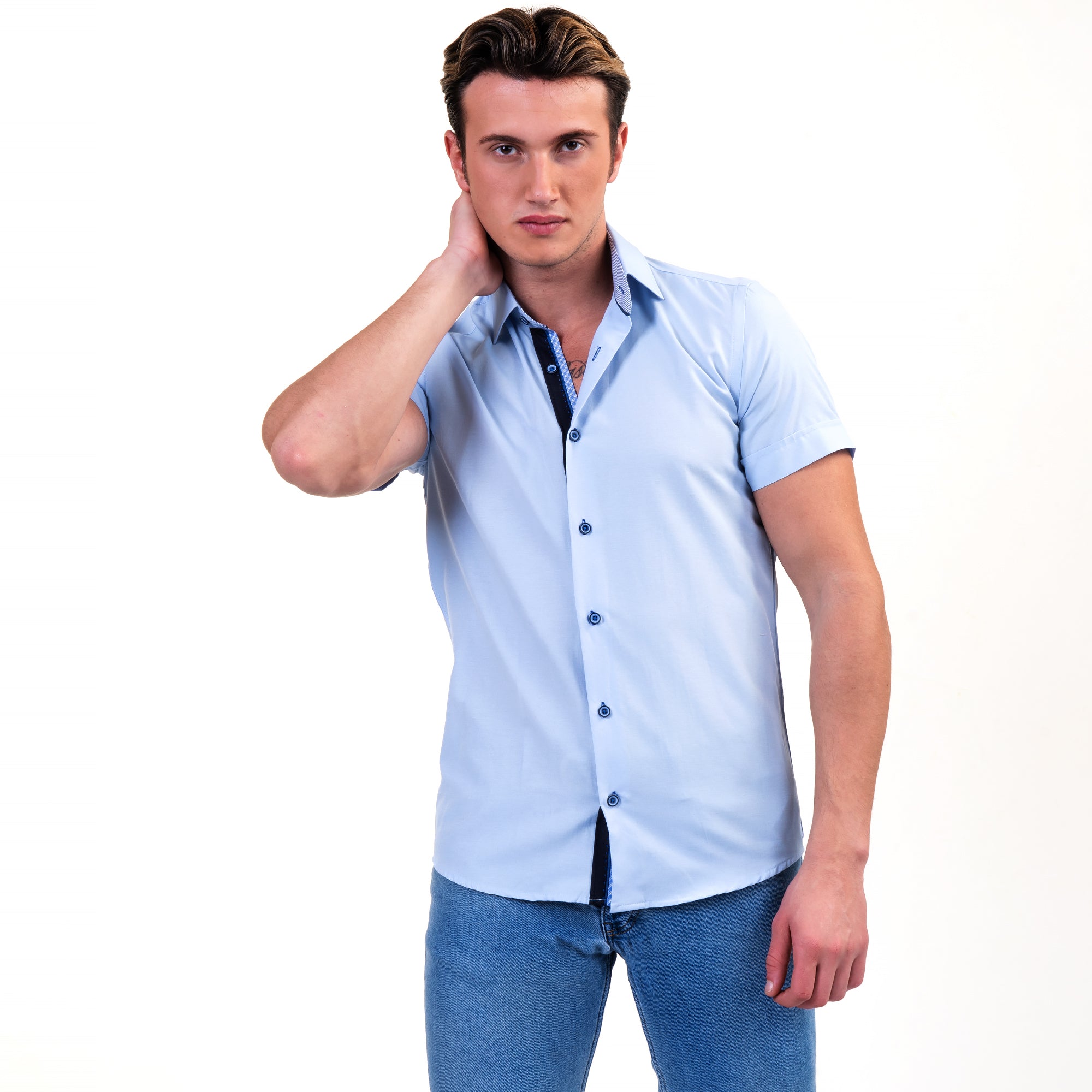 Soft Light Blue Mens Short Sleeve Button up Shirts - Tailored Slim Fit Cotton Dress Shirts