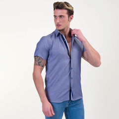 Solid Denim Blue Mens Short Sleeve Button up Shirts - Tailored Slim Fit Cotton Dress Shirts