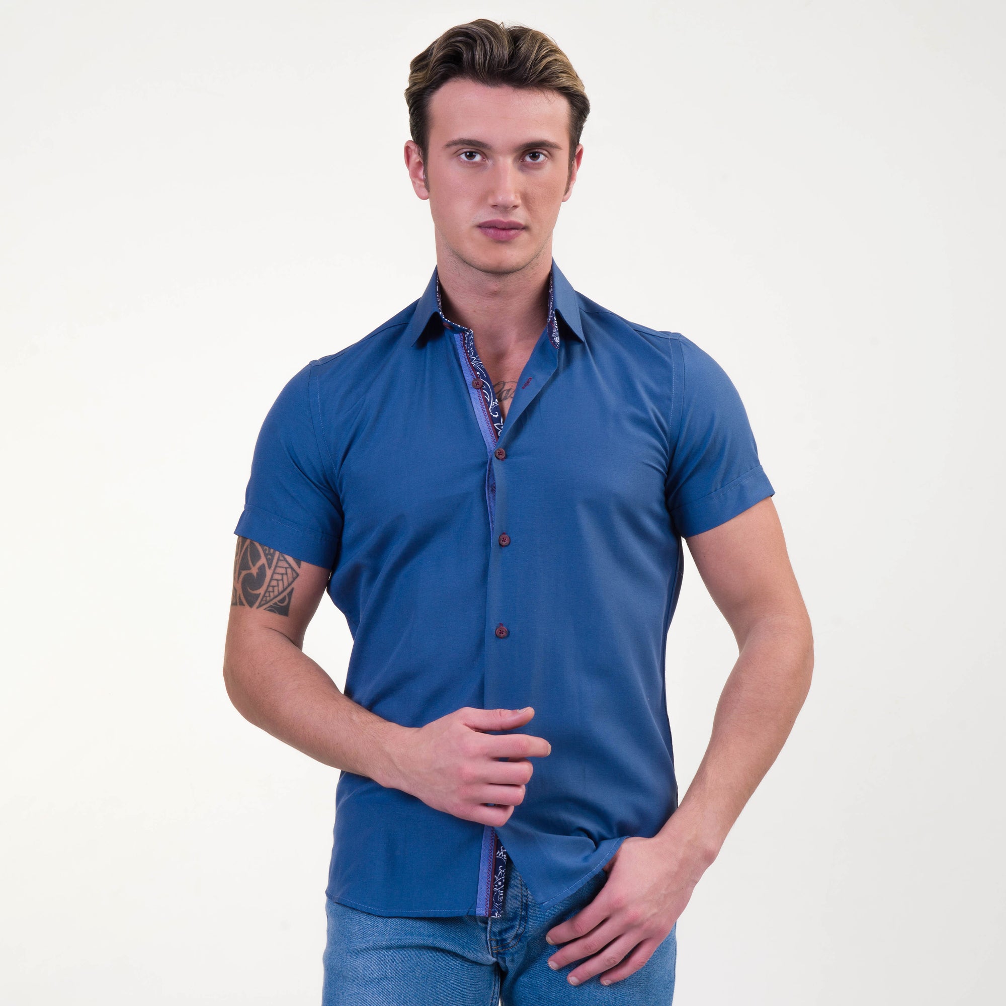 Rich Blue Mens Short Sleeve Button up Shirts - Tailored Slim Fit Cotton Dress Shirts