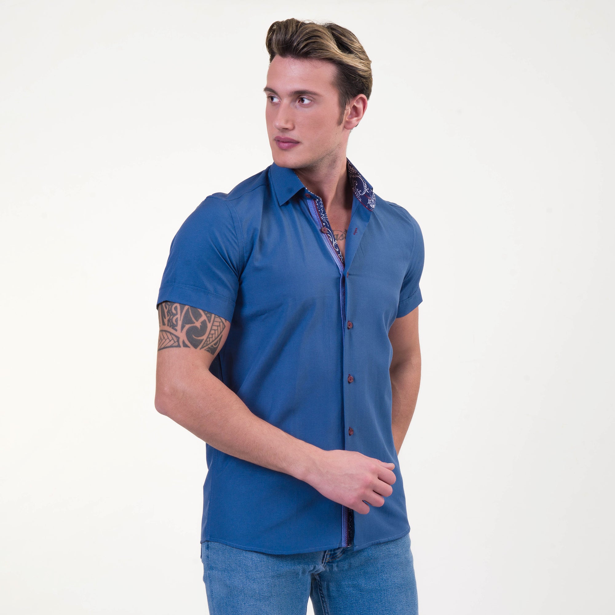 Rich Blue Mens Short Sleeve Button up Shirts - Tailored Slim Fit Cotton Dress Shirts