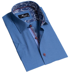 Rich Blue Mens Short Sleeve Button up Shirts - Tailored Slim Fit Cotton Dress Shirts