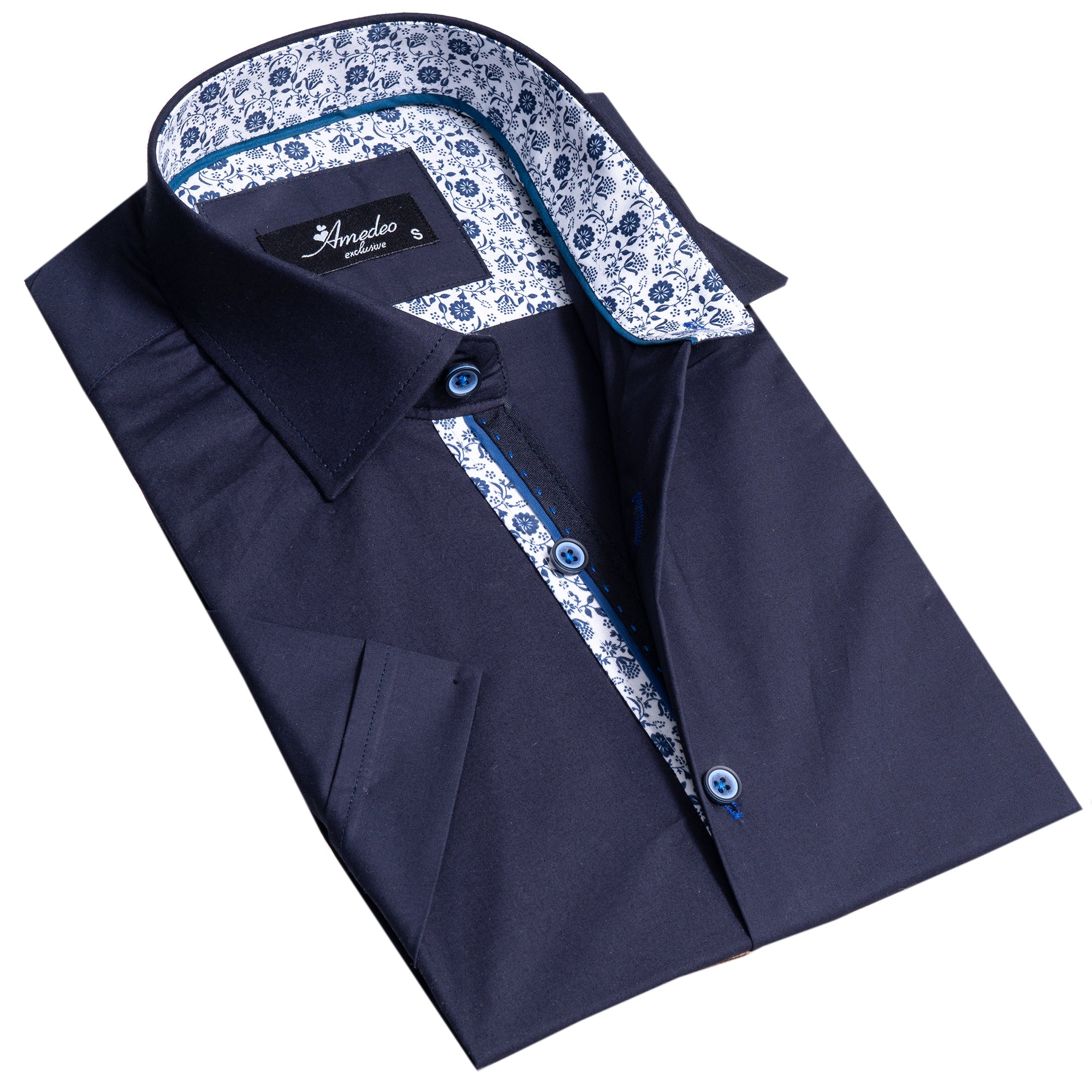 Midnight Blue Mens Short Sleeve Button up Shirts - Tailored Slim Fit Cotton Dress Shirts