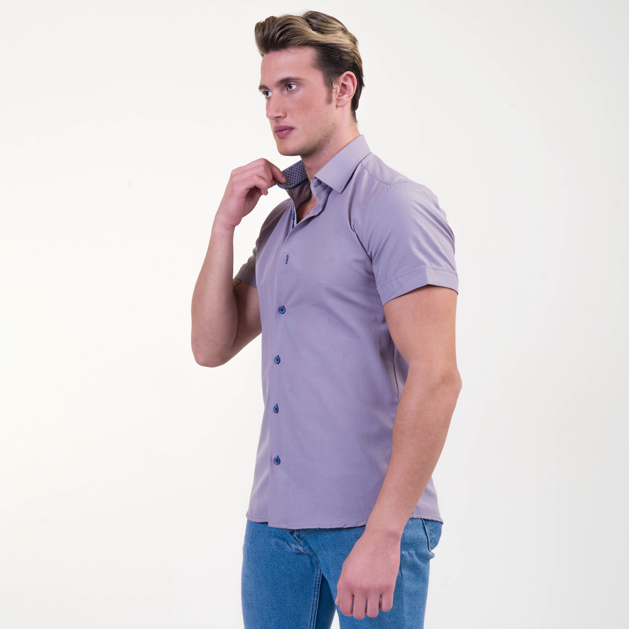 Grayish Blue Mens Short Sleeve Button up Shirts - Tailored Slim Fit Cotton Dress Shirts