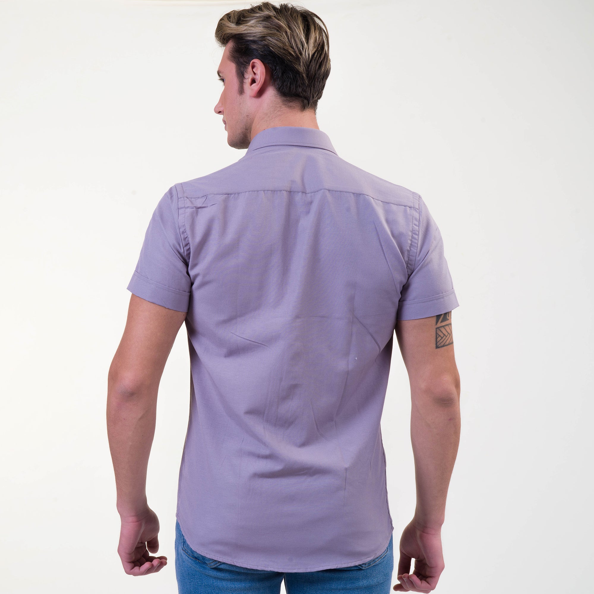 Grayish Blue Mens Short Sleeve Button up Shirts - Tailored Slim Fit Cotton Dress Shirts