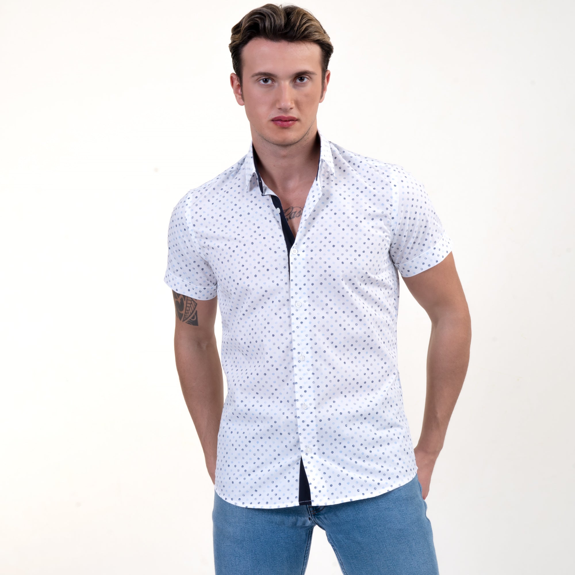 White Blue Dots Mens Short Sleeve Button up Shirts - Tailored Slim Fit  Cotton Dress Shirts