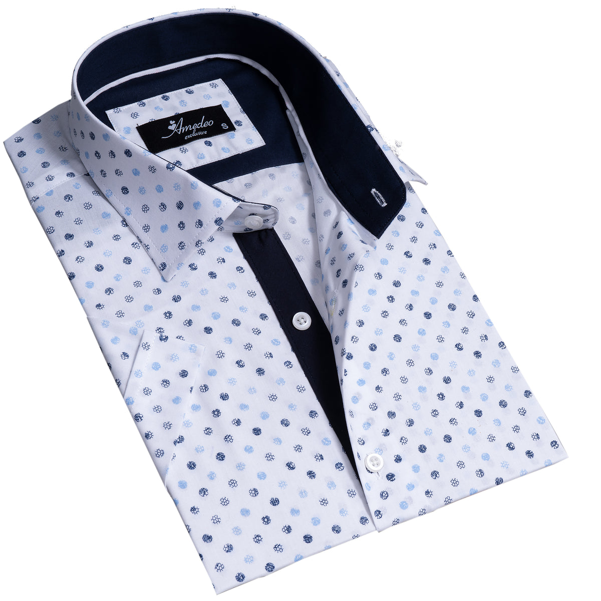 White Blue Dots Mens Short Sleeve Button up Shirts Tailored Slim Fit Cotton Dress Shirts