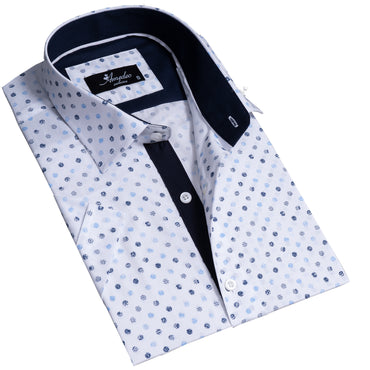 White Blue Dots Mens Short Sleeve Button up Shirts - Tailored Slim Fit Cotton Dress Shirts