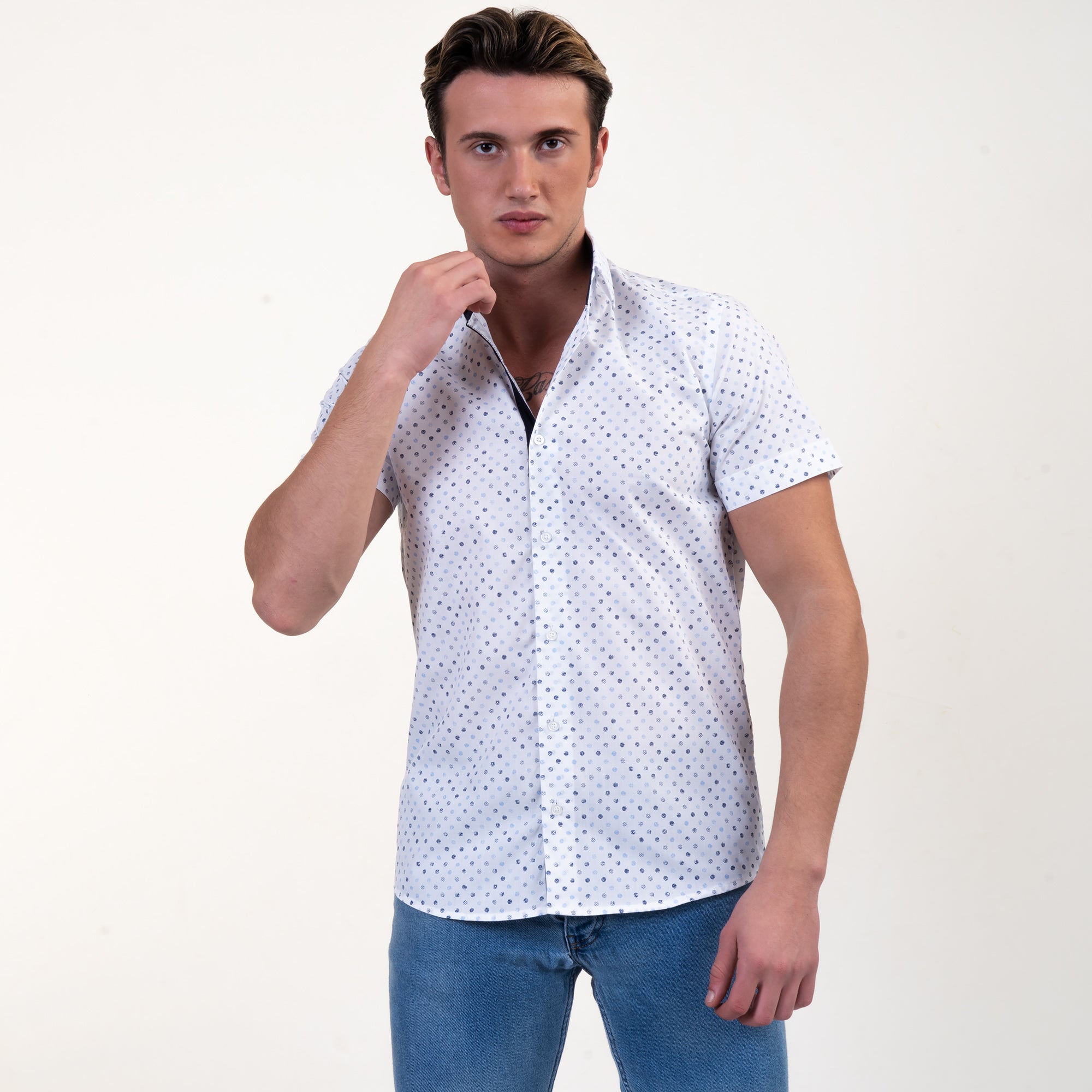 White Blue Dots Mens Short Sleeve Button up Shirts - Tailored Slim Fit Cotton Dress Shirts