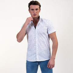 White Blue Dots Mens Short Sleeve Button up Shirts - Tailored Slim Fit Cotton Dress Shirts