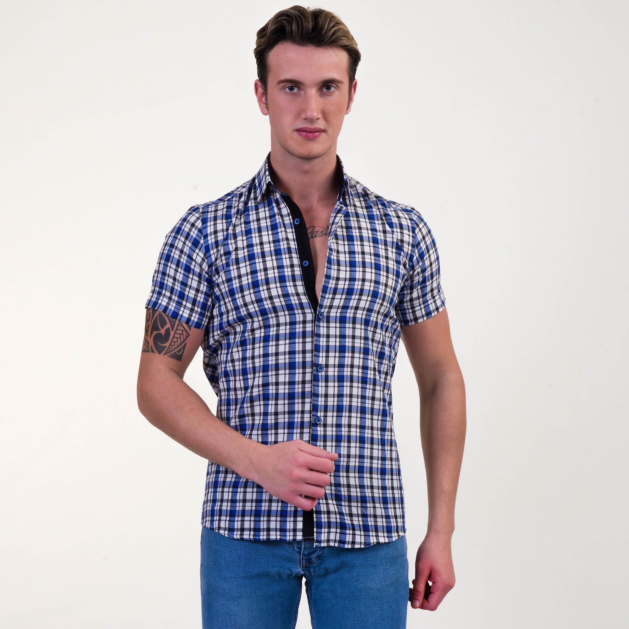 Blue & White Checkered Mens Short Sleeve Button up Shirts - Tailored Slim Fit Cotton Dress Shirts