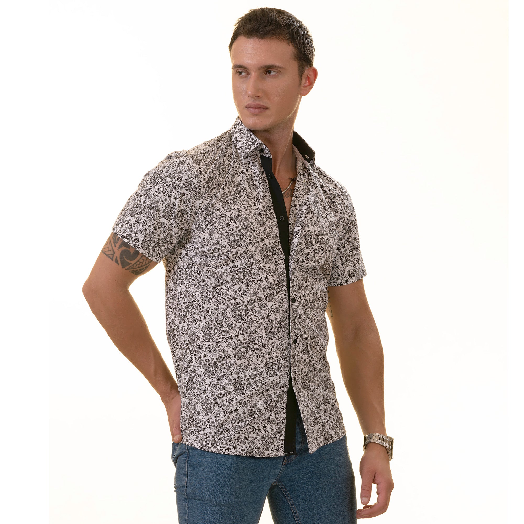 Black & White Paisley  Short Sleeve Button up Shirts - Tailored Slim Fit Cotton Dress Shirts