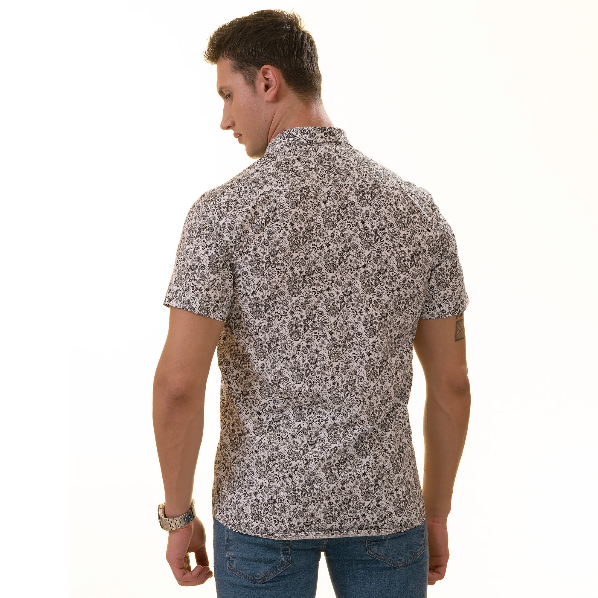 Black & White Paisley  Short Sleeve Button up Shirts - Tailored Slim Fit Cotton Dress Shirts