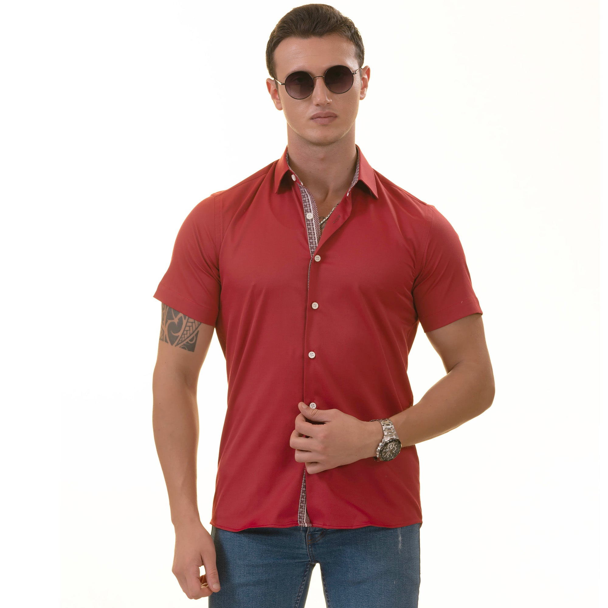 Red with Burgandy interior Paisley  Short Sleeve Button up Shirts - Tailored Slim Fit Cotton Dress Shirts