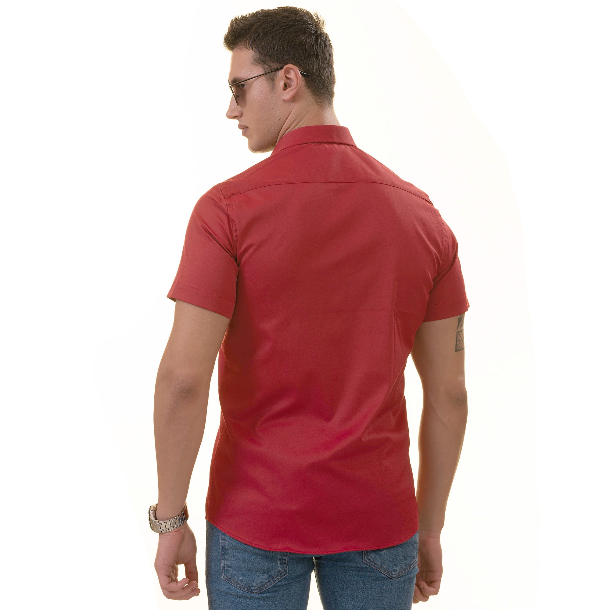 Red with Burgandy interior Paisley  Short Sleeve Button up Shirts - Tailored Slim Fit Cotton Dress Shirts