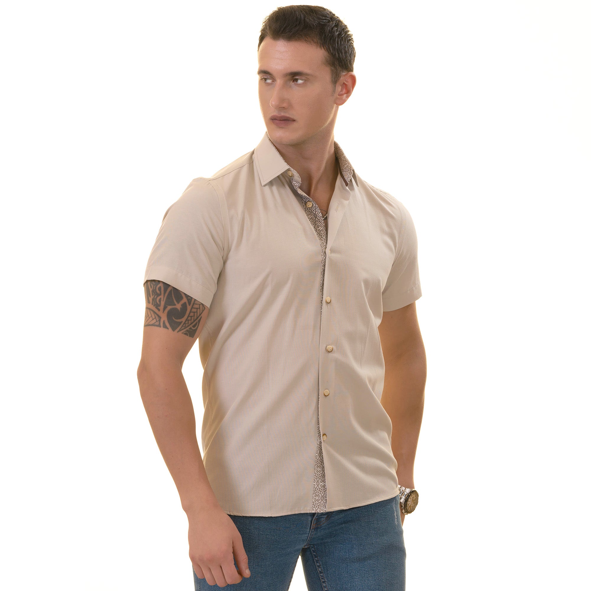 Beige inside different Paisley  Short Sleeve Button up Shirts - Tailored Slim Fit Cotton Dress Shirts