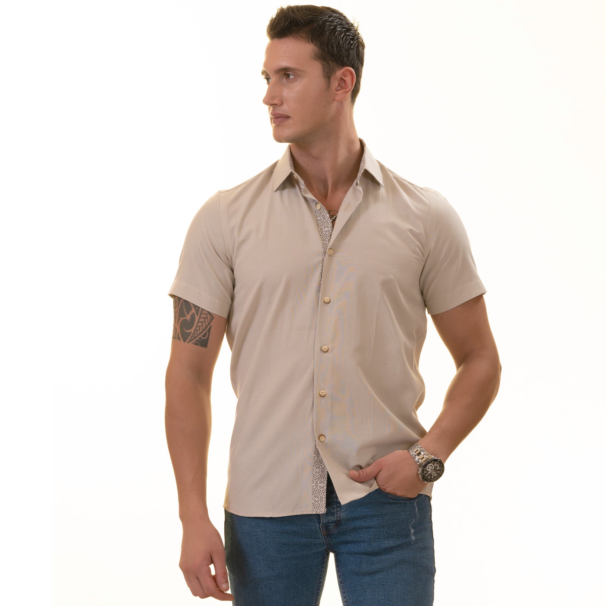 Beige inside different Paisley  Short Sleeve Button up Shirts - Tailored Slim Fit Cotton Dress Shirts