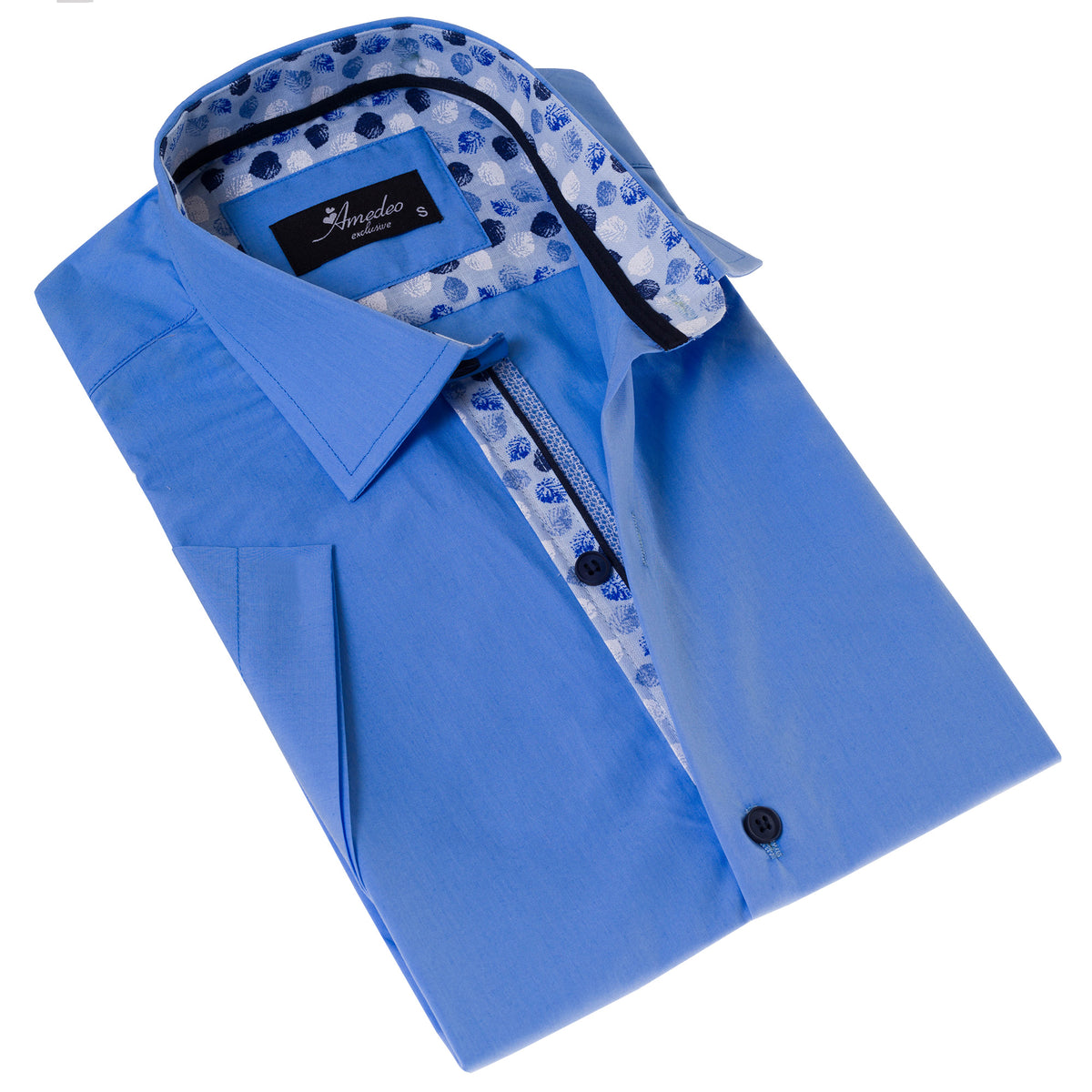 Blue inside different Paisley  Short Sleeve Button up Shirts - Tailored Slim Fit Cotton French Cuff