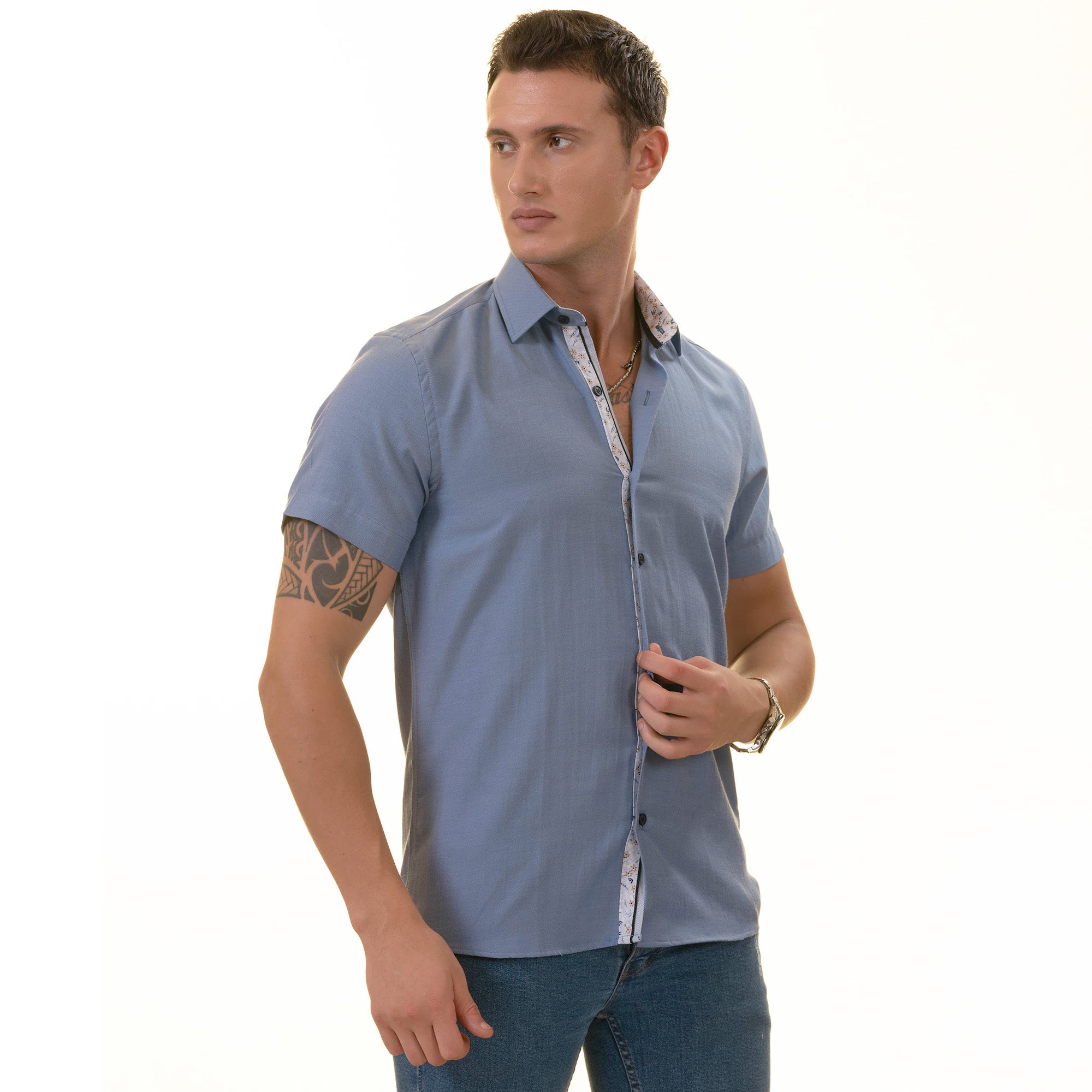 Blue Oxford inside Floral Paisley  Short Sleeve Button up Shirts - Tailored Slim Fit Cotton Dress Shirts