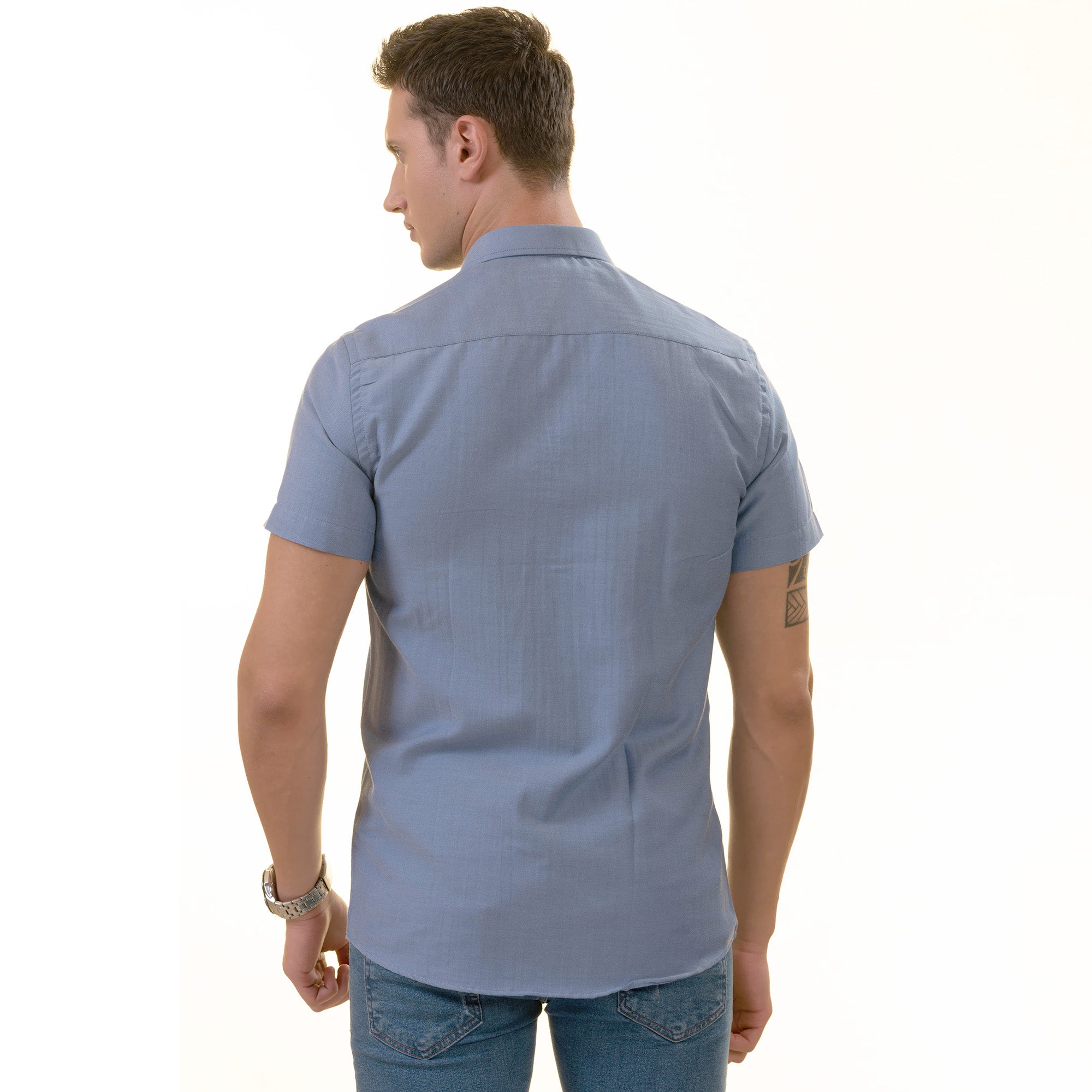 Blue Oxford inside Floral Paisley  Short Sleeve Button up Shirts - Tailored Slim Fit Cotton Dress Shirts